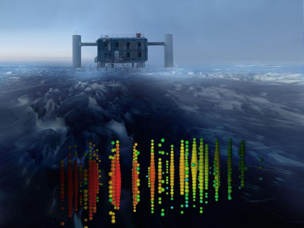 Cette image montre une représentation visuelle de l'une des détections de neutrinos à la plus haute énergie superposée à une vue du laboratoire IceCube au pôle Sud. Crédit : Collaboration IceCube