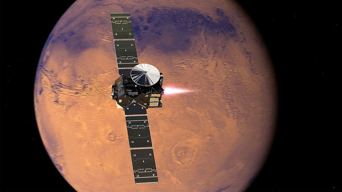 Le Trace Gas Orbiter est arrivé sur Mars en 2016. Il servira de relais de communication pour la partie surface du programme ExoMars, le Rosalind Franklin Rover. Crédit : ESA 