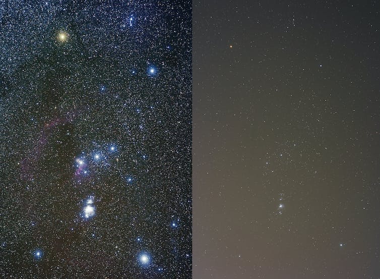 Deux images de la constellation d'Orion dont une montrant plusieurs fois plus d'étoiles.