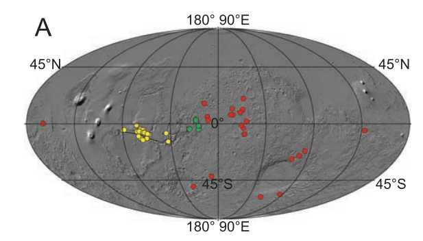 Cette figure de l'article de 2008 montre les LTD dans trois types de terrain différents : le jaune montre les LTD à Valles Marineris, le vert montre les LTD en terrain chaotique et le rouge montre les LTD dans les renflements de cratères. Crédit d'image : Rossi et al. 2008.