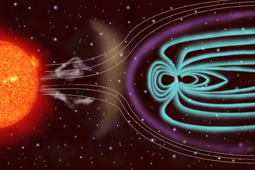 Vue d'artiste du vent solaire du soleil (à gauche) interagissant avec la magnétosphère terrestre (à droite). Une telle activité a contribué à épaissir l'atmosphère, ce qui a entraîné les satellites Starlink. Crédit : NASA