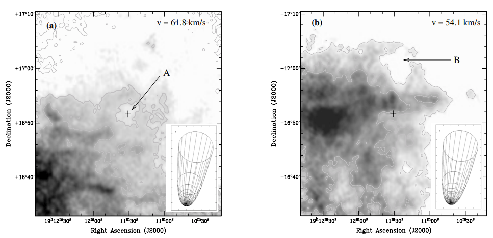 Ces images du Very Large Array montrent l'emplacement et la morphologie des deux cavités dans M1-67. La cavité A est centrée sur l'étoile, tandis que la cavité B est décalée. L'arrangement est dû à la grande vitesse de l'étoile/nébuleuse dans l'espace et au choc d'étrave qui en résulte dans l'ISM. Crédit d'image : S. Cichowolski et al. 2008