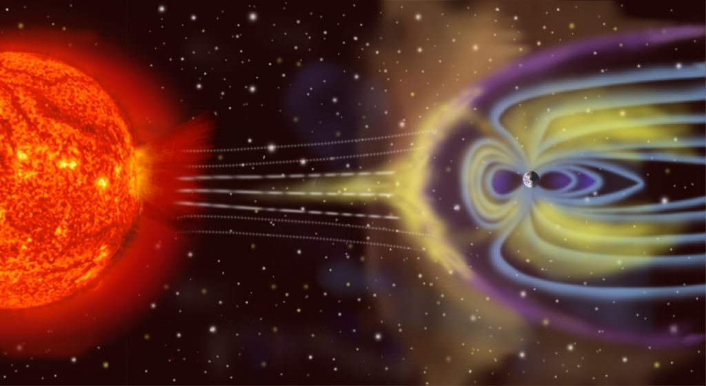 La magnétosphère terrestre n'est pas du tout une sphère. Le vent solaire le déforme en une forme asymétrique. Crédit image : NASA