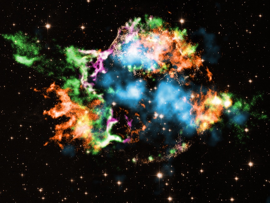 Cette image de l'observatoire à rayons X Chandra de Cas A montre des éléments chimiques dans le reste de la supernova. Les différentes couleurs représentent principalement le fer (orange), l'oxygène (violet) et la quantité de silicium par rapport au magnésium (vert). Le titane (bleu clair) détecté précédemment par le télescope NuSTAR de la NASA à des énergies de rayons X plus élevées est également illustré. Ces données de rayons X Chandra et NuSTAR ont été superposées sur une image de lumière optique du télescope spatial Hubble (jaune). Crédit : Chandra : NASA/CXC/RIKEN/T. Sato et al. ; NuSTAR : NASA/NuSTAR ; Hubble : NASA/STScI