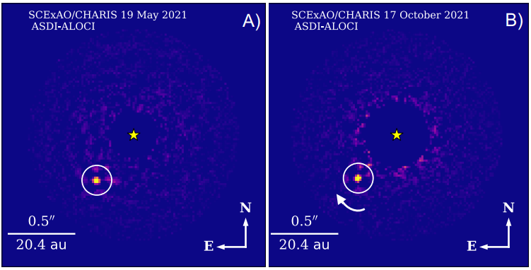 Ces images de la lettre de recherche sont les deux meilleures images directes de HIP 99770 b. HIP 99770 b est représenté par le cercle blanc et la flèche blanche sur l'image de droite indique la direction de l'orbite de la planète. Crédit d'image : Currie et al. 2023.