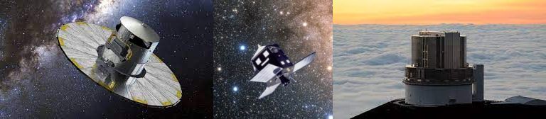 Illustrations du vaisseau spatial Gaia (l), du vaisseau spatial Hipparcos (m) et une photo du télescope Subaru (r). Les trois installations ont contribué à la découverte de l'exoplanète. Crédits image : ESA, ESA, NAOJ.