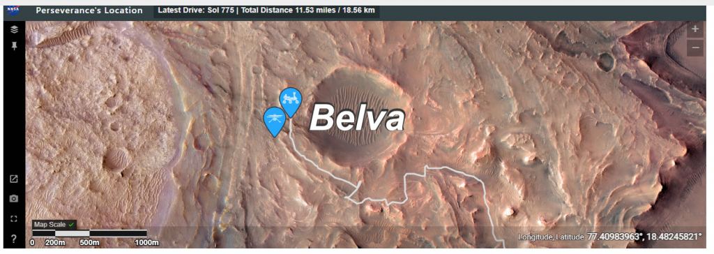 Une capture d'écran de la page du rover Mars 2020 montrant l'emplacement du 28 avril de Perseverance et de l'hélicoptère Ingenuity. 