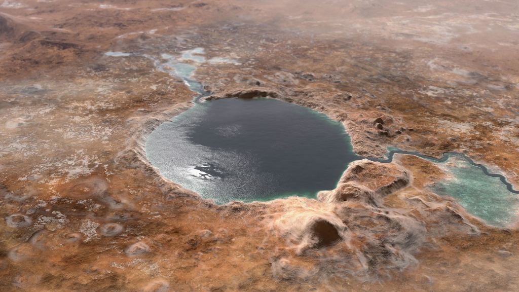 Cette illustration montre Jezero Crater - le site d'atterrissage du rover Mars 2020 Perseverance - tel qu'il aurait pu ressembler à des milliards d'années sur Mars, quand c'était un lac. Une entrée et une sortie sont également visibles de part et d'autre du lac. Cette région est maintenant sèche, mais Persévérance et Ingéniosité explorent sa géologie et les possibilités d'anciens signes de vie. Avec l'aimable autorisation de la NASA. 