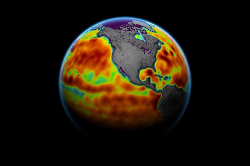 Cette image de la Terre montre le niveau de la mer mesuré par le satellite Sentinel-6 Michael Freilich en 2021. Les zones rouges sont les régions où le niveau de la mer est supérieur à la normale tandis que le bleu indique où il est inférieur à la normale. Le satellite collecte des mesures pour environ 90% de l'océan terrestre. Crédits : Observatoire de la Terre de la NASA
