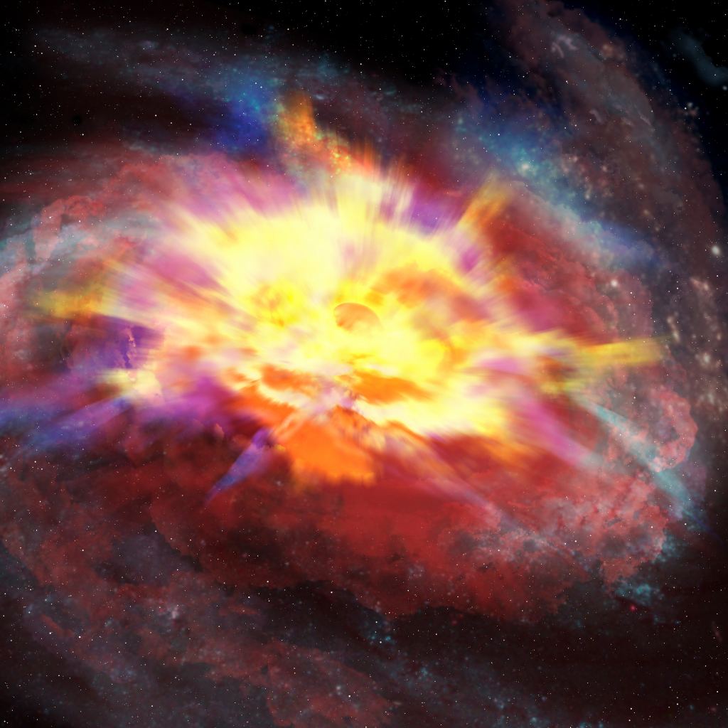 Vue d'artiste du quasar SDSS J135246.37+423923.5. Il pousse des vents épais hors du noyau. Sa tige de disposition venteuse pourrait-elle avoir des origines similaires à celles des vents sortant de l'étoile à neutrons dans Hercule X-1 ? L'observatoire Gemini a examiné cela en lumière infrarouge, ce qui a permis aux astronomes de mesurer la vitesse de l'écoulement venteux à près de 13 % de la vitesse de la lumière. Crédit : Observatoire international Gemini/NOIRLab/NSF/AURA/P. Marenfeld