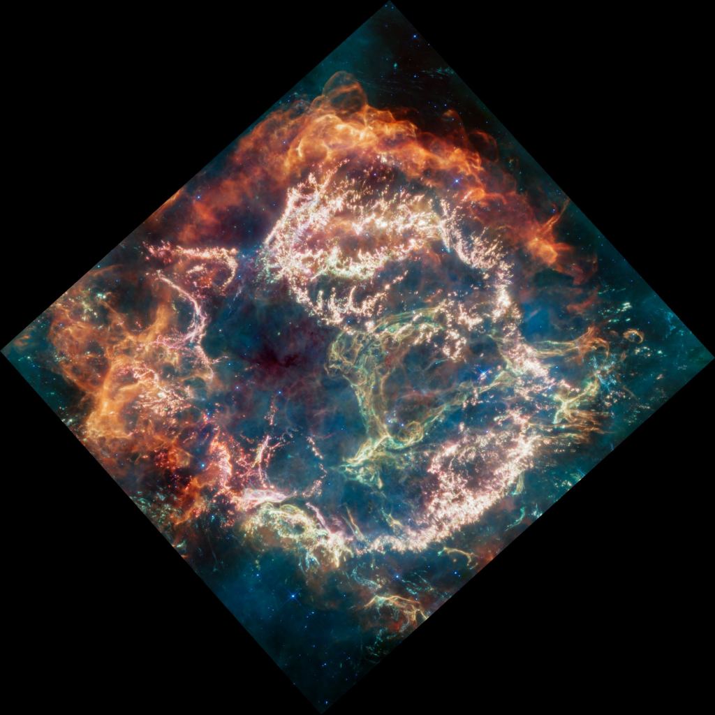 Cassiopée A (Cas A) est un vestige de supernova. Il a été observé de nombreuses fois. Cette nouvelle image utilise les données de l'instrument à infrarouge moyen (MIRI) de Webb pour révéler Cas A sous un nouveau jour. Crédits : NASA, ESA, CSA, DD Milisavljevic (Purdue), T. Temim (Princeton), I. De Looze (Université de Gand). Traitement d'image : J. DePasquale (STScI)