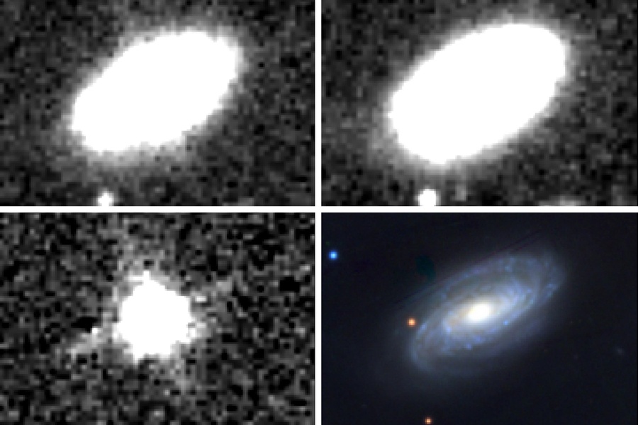 Signes infrarouges de l'événement de perturbation de marée (TDE) le plus proche à ce jour. Dans cet événement, une étoile a erré trop près d'un trou noir supermassif central. Une éruption lumineuse a été détectée dans la galaxie NGC 7392 en 2015 (panneau supérieur gauche). Les observations de la même galaxie ont été prises en 2010-2011 (en haut à droite), avant le TDE. Le coin inférieur gauche montre la différence entre les deux premières images, représentant le TDE réel détecté. À titre de comparaison, le panneau inférieur droit montre la même galaxie dans la bande de fréquences optique. Avec l'aimable autorisation des chercheurs