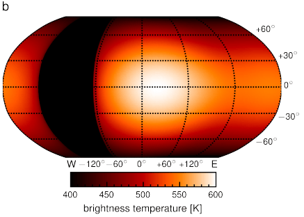 Cette figure de l'étude est une carte thermique globale de l'exoplanète GJ 1214b. La région noire est une suppression de traitement de données. L'image indique également que la planète reflète une quantité importante de la lumière incidente des étoiles qu'elle reçoit. Crédit d'image : Kempton et al. 2023.
