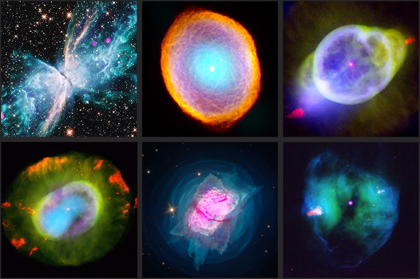 Ces images de quelques nébuleuses planétaires illustrent leur gamme de morphologies. Ce sont des images combinées du télescope spatial Hubble et de l'observatoire Chandra X-Ray. NGC 6302, IC 418, NGC 3242, NGC 7662, NGC 7027 et NGC 2371. Crédit image : X-ray : NASA/CXC/RIT/J.Kastner ; Optique : NASA/ESA/AURA/STScI