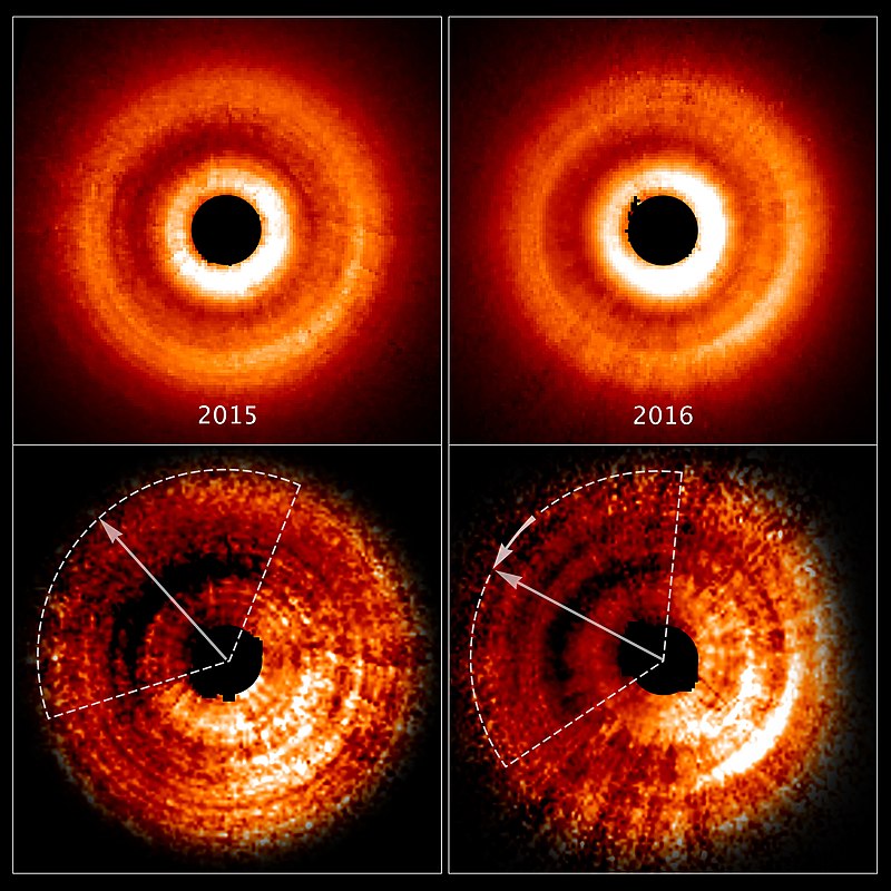Ces images, prises à un an d'intervalle par le télescope spatial Hubble de la NASA/ESA, révèlent une ombre se déplaçant dans le sens inverse des aiguilles d'une montre autour d'un disque de gaz et de poussière encerclant la jeune étoile nouveau-née TW Hydrae. Les images du haut, prises par le spectrographe imageur du télescope spatial, montrent une luminosité inégale sur le disque. Grâce au traitement d'image amélioré (en bas), l'assombrissement devient encore plus apparent. Sur la base des données d'archives de Hubble, les astronomes ont déterminé que l'ombre effectue une rotation autour de l'étoile centrale tous les 16 ans. Ils savent que la caractéristique est une ombre parce que la poussière et le gaz dans le disque ne tournent pas autour de l'étoile aussi rapidement. L'ombre peut être causée par l'effet gravitationnel d'une planète invisible en orbite près de l'étoile. La planète tire le matériau du disque principal, créant un disque intérieur déformé. Le disque torsadé bloque la lumière de l'étoile et projette une ombre sur la région extérieure du disque. Liens : Communiqué de presse NASA La fabrication d'une ombre dans le disque de TW Hydrae (illustration).