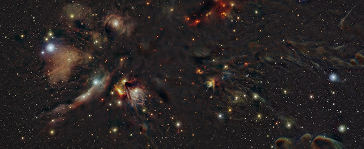 Cette image montre le nuage de formation d'étoiles L1688 à Ophiuchus. À seulement 460 années-lumière, c'est l'une des régions de formation d'étoiles les plus proches de notre système solaire. L'image montre plusieurs dizaines de jeunes objets stellaires proéminents. Les jeunes étoiles sont entourées d'un nuage hautement structuré composé de gaz et de poussière qui est en grande partie façonné par de jeunes étoiles chaudes révélées optiquement dans le voisinage. Crédit image : ESO/Meingast et al. 2023