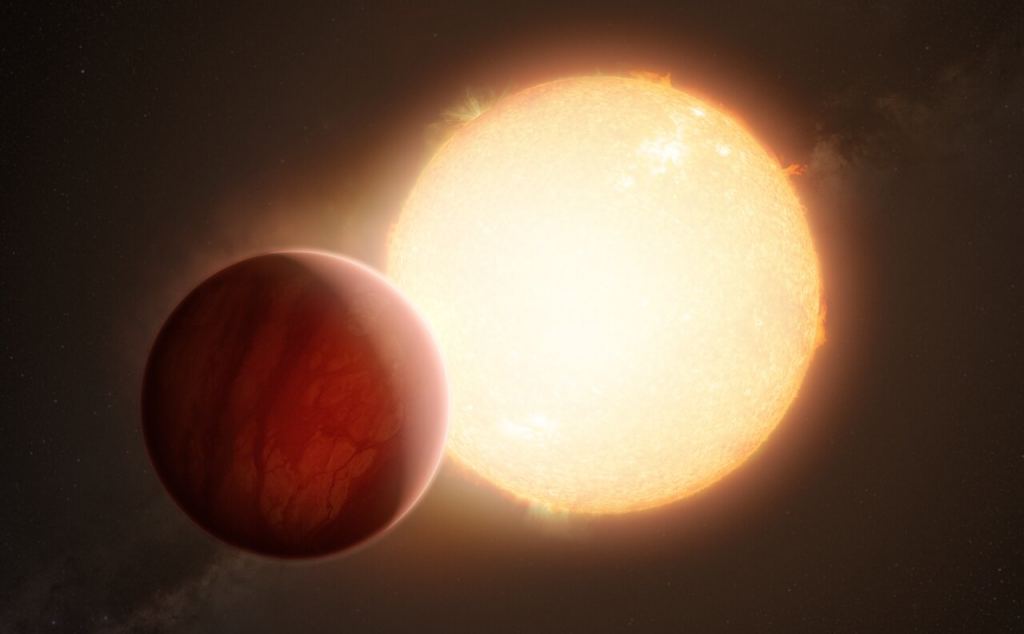 Cette vue d'artiste montre une exoplanète ultra-chaude alors qu'elle s'apprête à transiter devant son étoile hôte. Lorsque les planètes se rapprochent de leurs étoiles, l'énergie de l'étoile enlève l'atmosphère, et c'est ce qui aurait pu arriver à GJ 1214b. Crédit : ESO