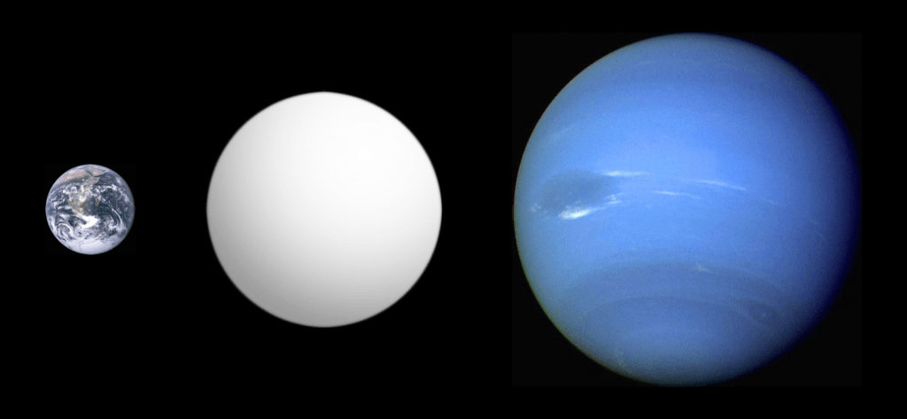 Les Mini-Neptunes sont parfois appelées Super-Terres. Comme le montre cette image, GJ 1214 b est de taille intermédiaire entre la Terre et Neptune. Crédit d'image : Par Aldaron, alias Aldaron - Travail personnel, incorporant des images du domaine public pour les planètes de référence (voir ci-dessous), inspiré par la comparaison de taille de Thingg, CC BY-SA 3.0, https://commons.wikimedia.org/w/index. php?curid=8854174