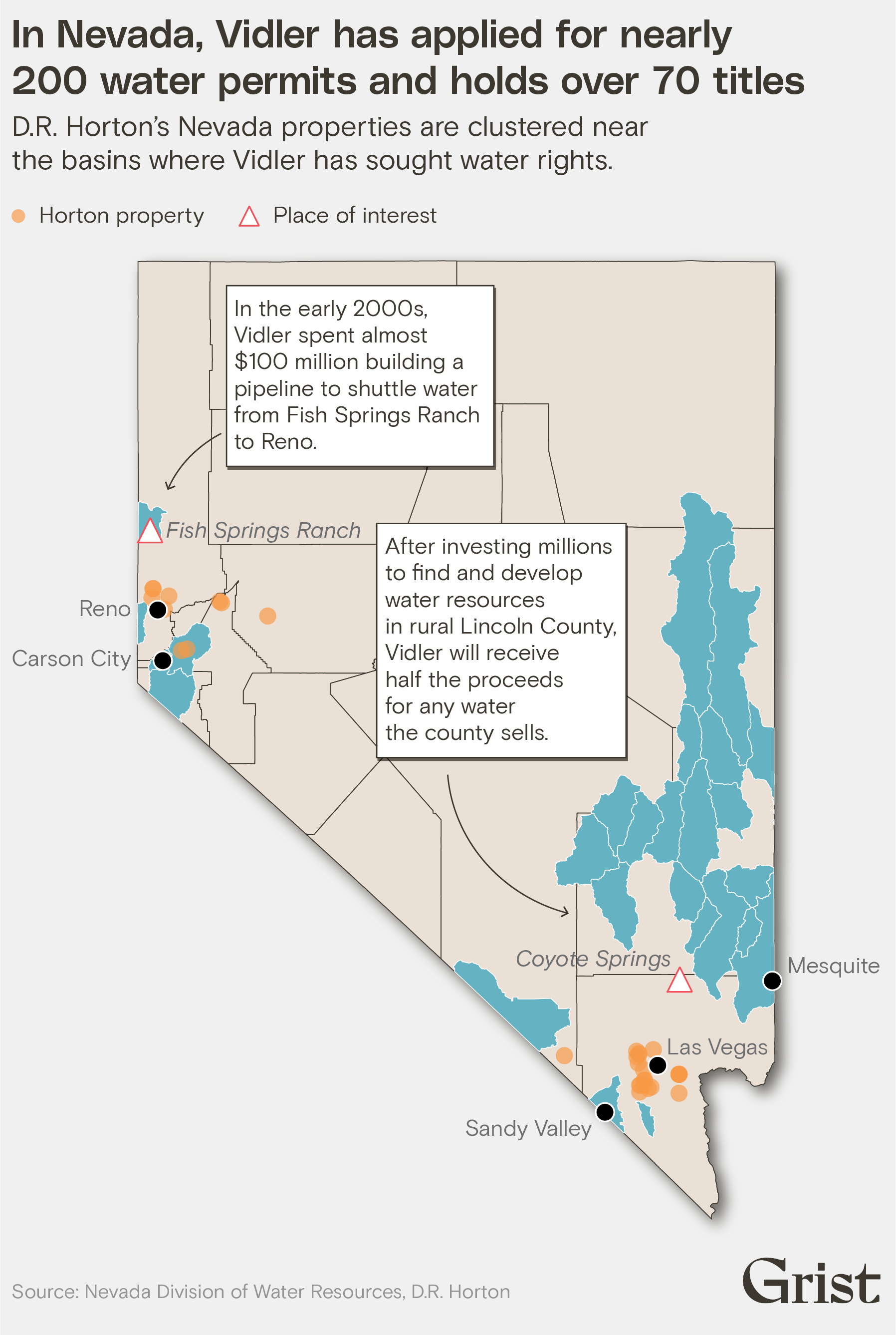 Une carte montrant les propriétés du DR Horton au Nevada. Ils sont regroupés là où Vidler a demandé des droits sur l'eau. Le titre se lit comme suit : 