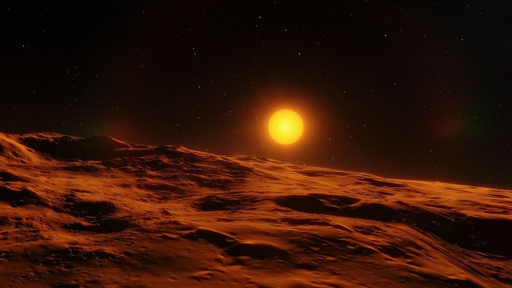 Illustration de ce qu'aurait pu être le Soleil il y a 4 milliards d'années depuis la surface d'une planète stérile. Le jeune Soleil était plus actif magnétiquement lorsqu'il était plus jeune et produisait des éruptions plus fréquentes et plus puissantes. Crédit : Goddard Space Flight Center/Conceptual Image Lab de la NASA
