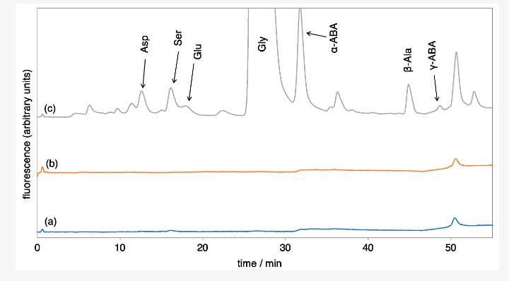 Cette figure de l'étude montre les résultats de l'expérience de l'étincelle. La ligne (c) représente la solution avec des quantités plus élevées de méthane et montre clairement la production d'acides aminés. Crédit d'image : Kobayashi et al. 2023