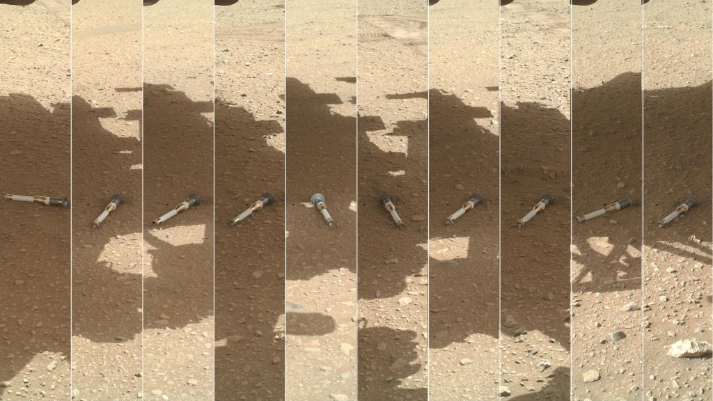 Ce montage photo montre chacun des tubes d'échantillon peu de temps après qu'ils ont été déposés sur la surface par le rover Perseverance Mars de la NASA, vu par la caméra WATSON (Wide Angle Topographic Sensor for Operations and eNgineering) à l'extrémité du rover de 7 pieds de long bras robotisé (2 mètres de long). Crédit d'image : NASA/JPL-Caltech/MSSS
