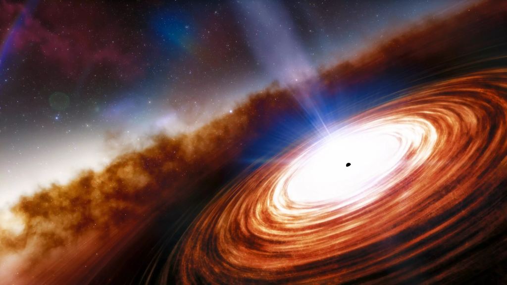 Vue d'artiste d'un quasar. Ceux-ci ont tous des trous noirs supermassifs en leur cœur. Crédit : NOIRLab/NSF/AURA/J. da Silva 