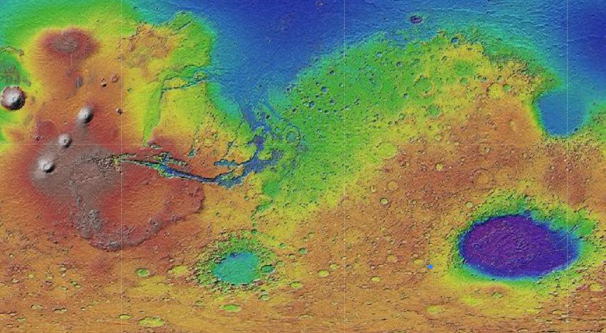 Cette image montre l'emplacement du cratère Matara dans un contexte global de Mars. Crédit d'image : USGS