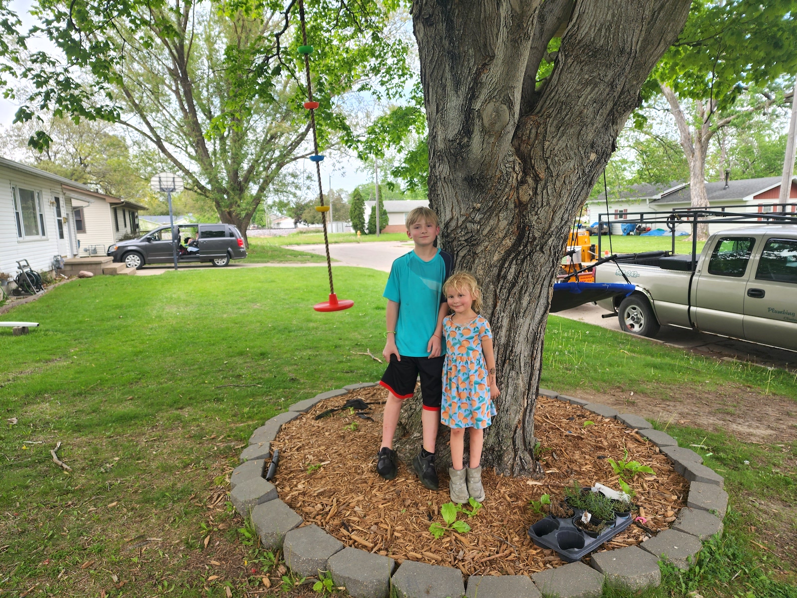deux enfants se tiennent près d'un arbre dans une cour verte