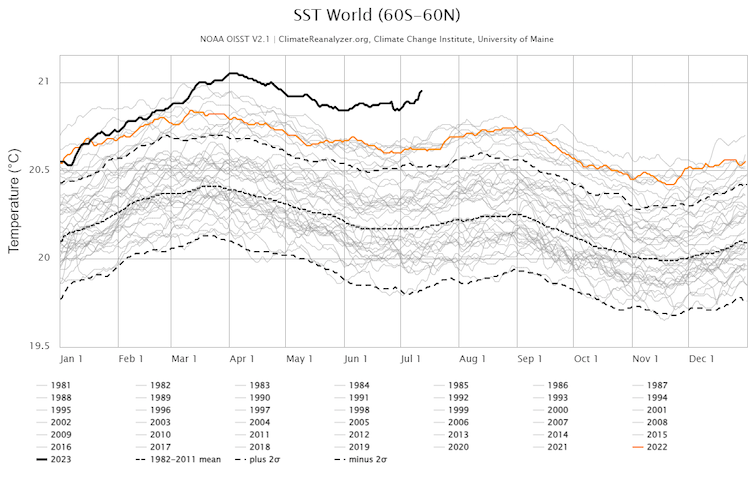 Un graphique de la température moyenne quotidienne mondiale de la surface de la mer chaque année montre 2023 bien au-dessus de toutes les autres années depuis le début des enregistrements par satellite en 1981.
