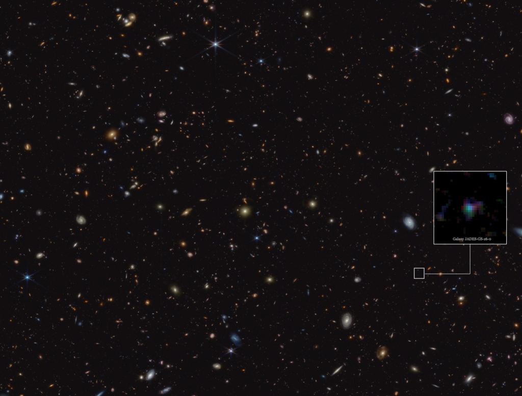 Cette image met en évidence l'emplacement de la galaxie JADES-GS-z6 dans une partie d'une zone du ciel connue sous le nom de GOODS-South, qui a été observée dans le cadre du JWST Advanced Deep Extragalactic Survey, ou JADES. 