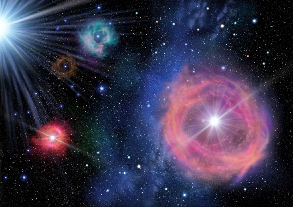 Représentation artistique d'étoiles massives et lumineuses de première génération dans l'Univers. Quand ils sont morts, leurs explosions de supernova ont produit de la poussière. Crédit : NAOC