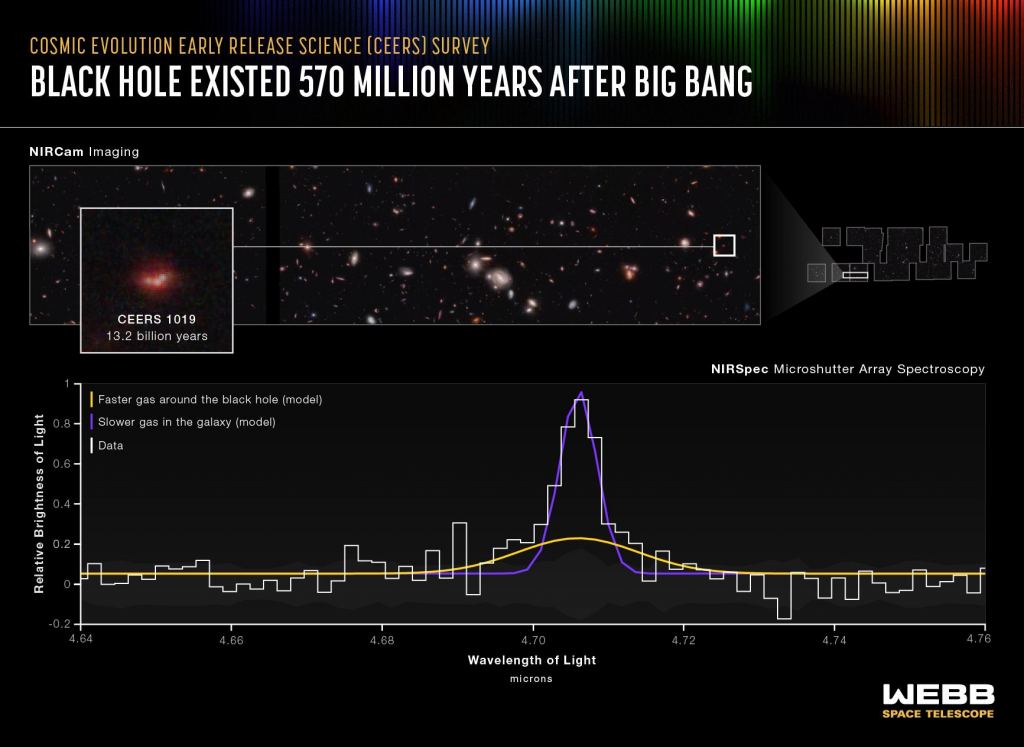 Une équipe de chercheurs dirigée par Steven Finkelstein et Rebecca Larson de l'Université du Texas à Austin a identifié le trou noir supermassif actif le plus éloigné à ce jour dans l'enquête Cosmic Evolution Early Release Science (CEERS) du télescope spatial James Webb. Le trou noir, dans la galaxie CEERS 1019, existait un peu plus de 570 millions d'années après le big bang et est beaucoup moins massif que les autres trous noirs précédemment trouvés dans l'univers primitif. Crédit illustration : NASA, ESA, CSA, Leah Hustak (STScI).