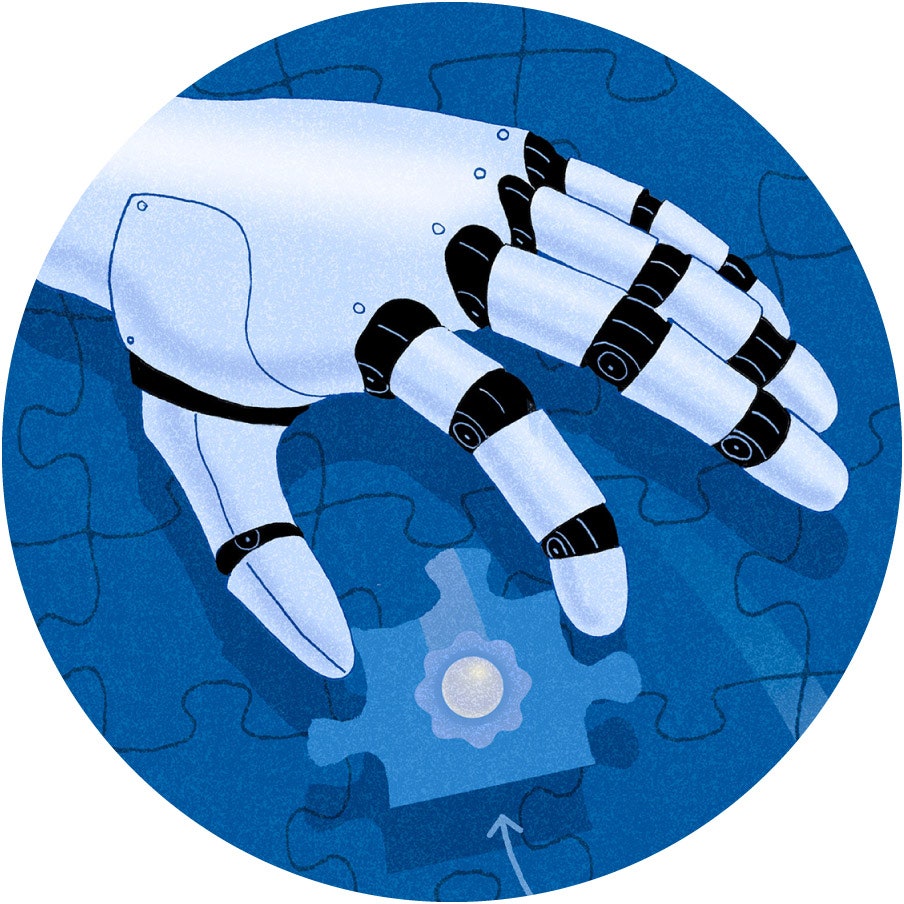 Une main de robot ramassant une seule pièce de puzzle